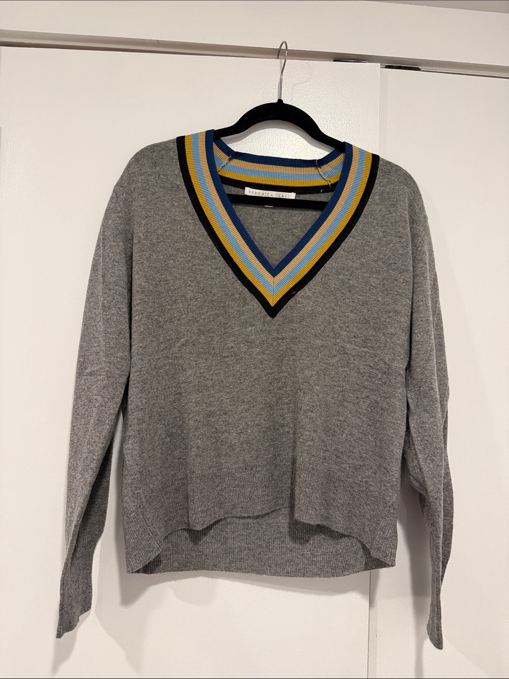 Veronica Beard Gray V-Neck Wool and Cashmere Sweater with Blue & Yellow Trim